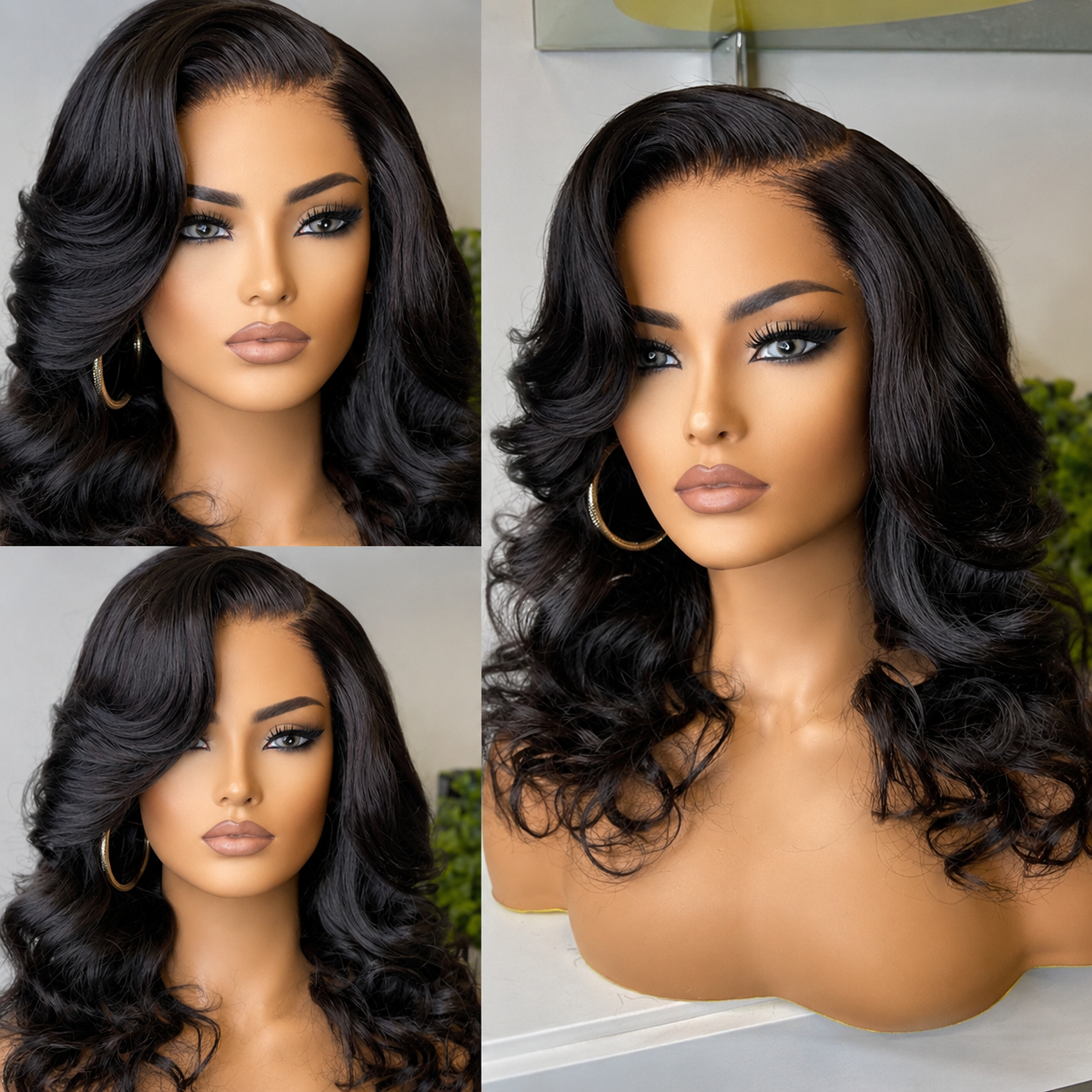 Luxury Natural Black Brazilian Bob Human Hair Wig 13x4 HD Lace Front by WigMatch EU on mannequin, showcasing soft body wave styling, natural hairline, and premium Brazilian human hair.