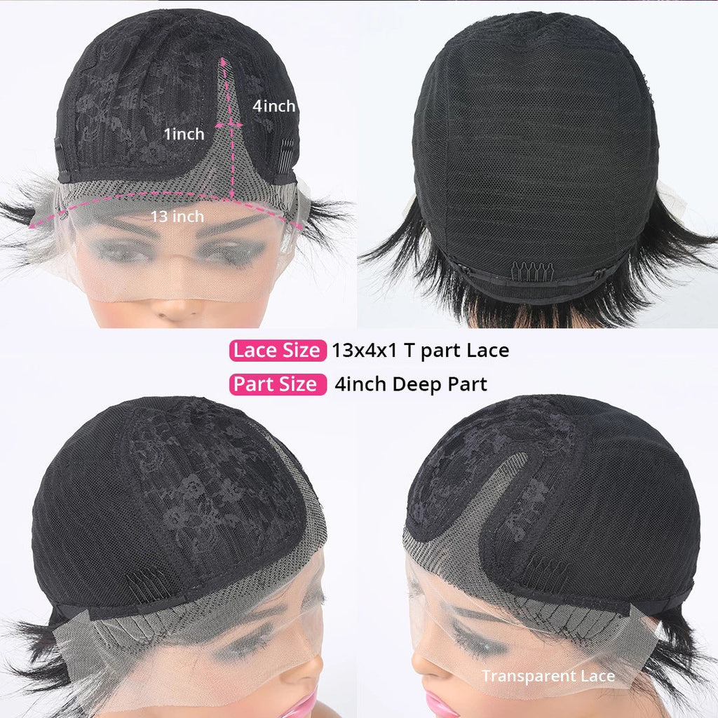 Inside cap construction of the Luxury Natural Black Pixie Cut Human Hair Wig featuring a 13x4x1 T-Part lace front design by WigMatch EU.