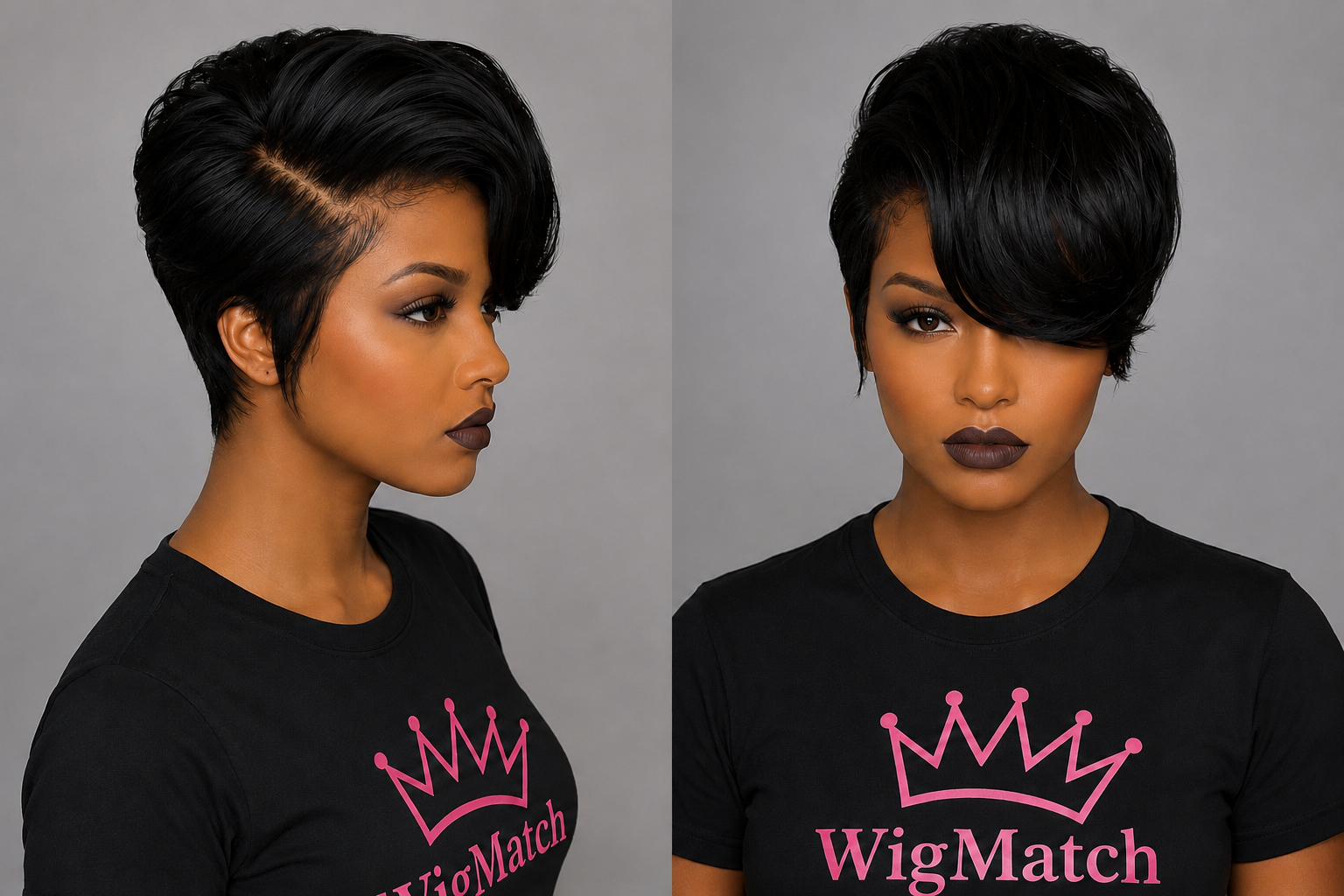 Luxury Natural Black Pixie Cut Human Hair Wig with Side Bangs, front view featuring a natural lace front hairline by WigMatch EU.