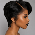 Side view of Luxury Natural Black Pixie Cut Human Hair Wig with Side Bangs and natural lace front by WigMatch EU.