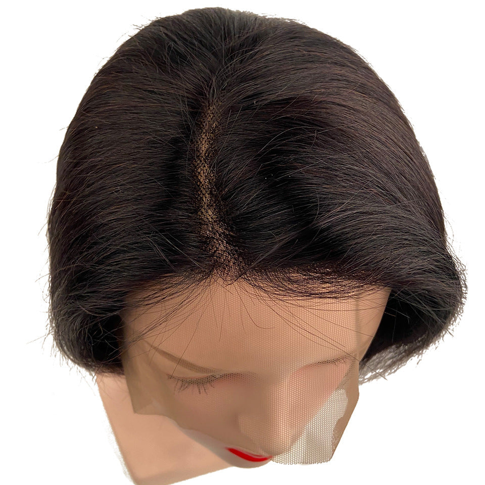 Top view of Luxury Natural Black Pixie Cut Human Hair Wig showing the natural parting and lace front construction by WigMatch EU.