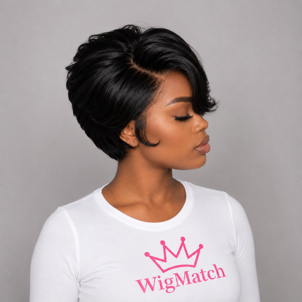 Luxury Natural Black Short Bob Human Hair Lace Front Wig by WigMatch EU, side profile highlighting the layered short bob cut, natural HD lace front hairline, realistic density, and silky human hair texture. Displayed on an AI model wearing a white WigMatch logo T-shirt against a soft light gray studio background for a premium eCommerce presentation.