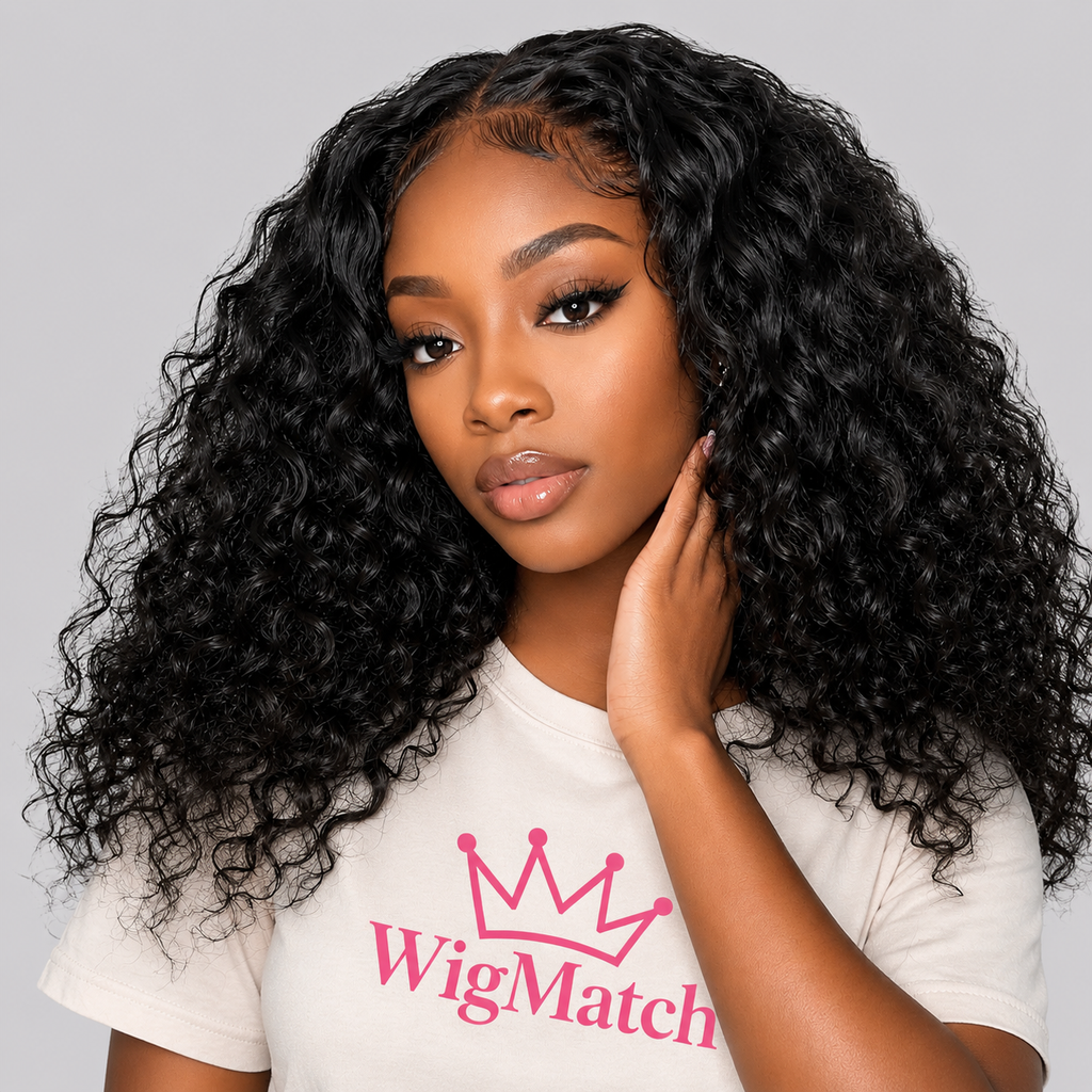 Close-up of the Luxury Water Wave Peruvian Human Hair Wig 13x4 HD Lace Front in Natural Black showcasing realistic HD lace, natural hairline, defined water wave texture, and premium craftsmanship. WigMatch EU.