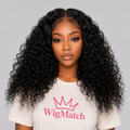 Luxury Water Wave Peruvian Human Hair Wig 13x4 HD Lace Front in Natural Black featuring soft water wave curls, pre-plucked hairline, realistic HD lace, and AI model wearing a WigMatch T-shirt. Front view with light gray studio background. WigMatch EU.