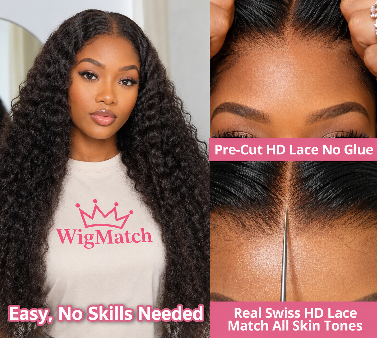 Luxury Water Wave Peruvian Human Hair Wig 13x4 HD Lace Front in Natural Black displayed on an AI model wearing a WigMatch T-shirt, featuring voluminous water wave curls, soft natural finish, and realistic HD lace for an effortless everyday look. WigMatch EU.