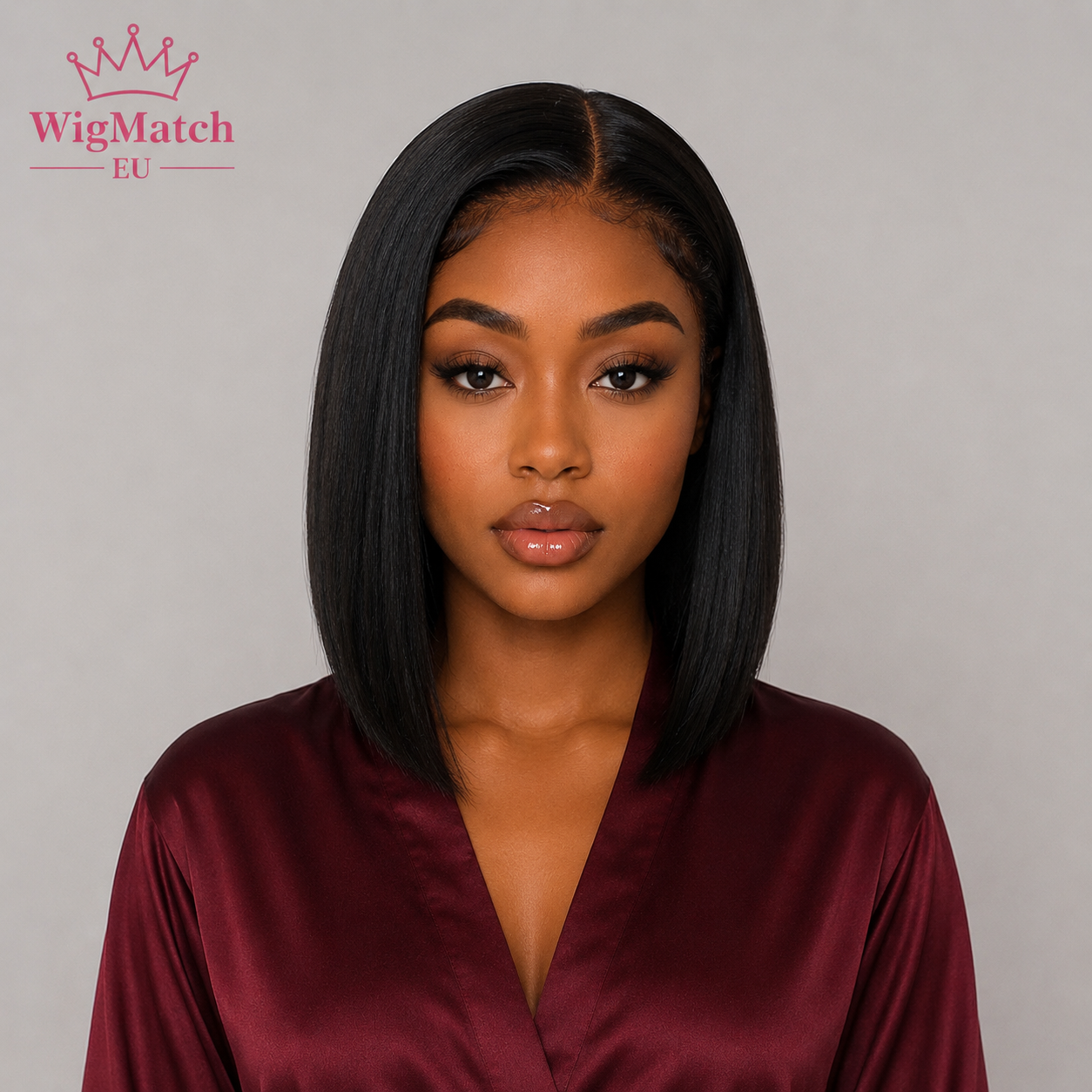 Model wearing a Natural Black 4x4 Closure Straight Human Hair Wig with a pre-plucked hairline, front-facing view, by WigMatch EU.