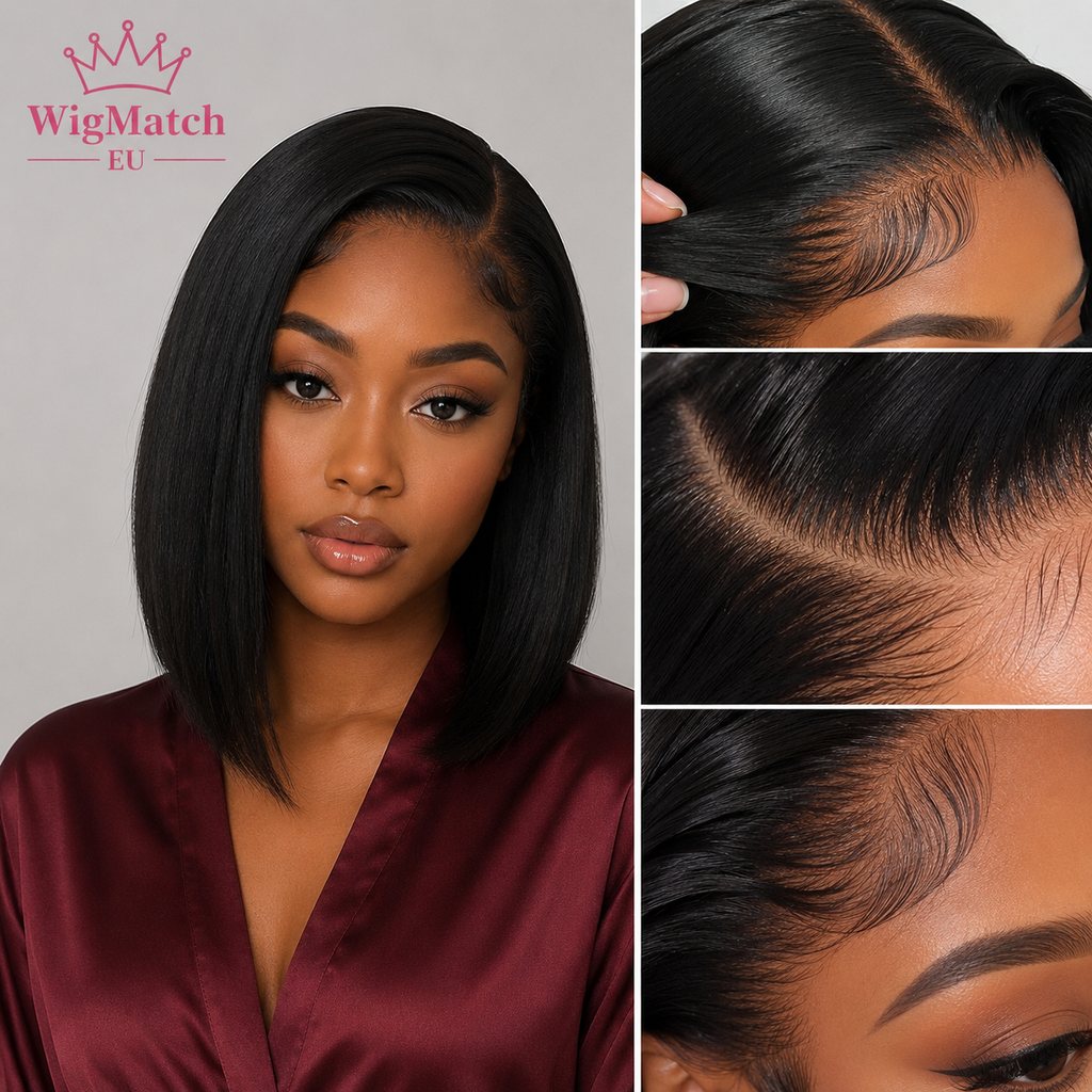 Model wearing a Natural Black 4x4 Closure Straight Human Hair Wig with a pre-plucked hairline, front view, by WigMatch EU.