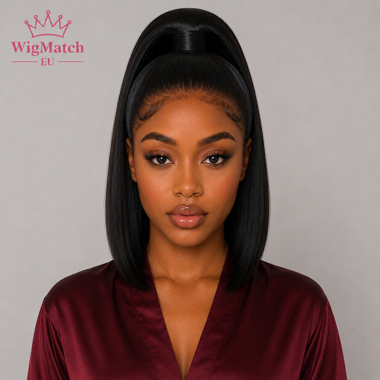 Model wearing a Natural Black 4x4 Closure Straight Human Hair Wig styled in a sleek high ponytail with baby hairs, by WigMatch EU.