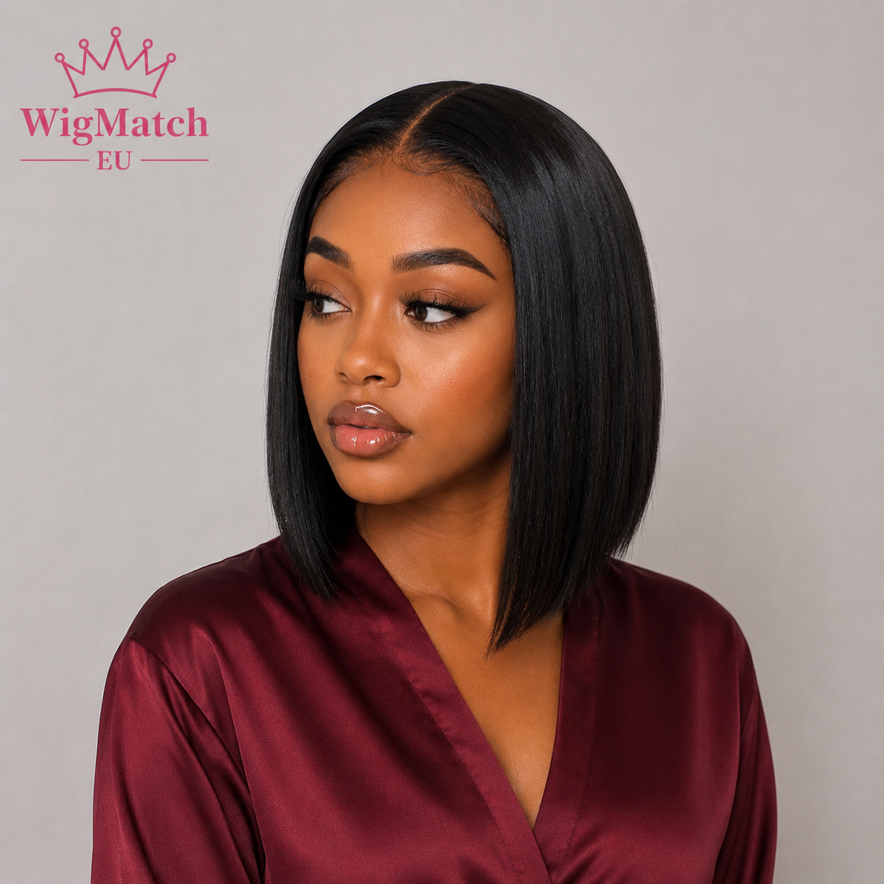 Model wearing a Natural Black 4x4 Closure Straight Human Hair Wig with a pre-plucked hairline, left side view, by WigMatch EU.
