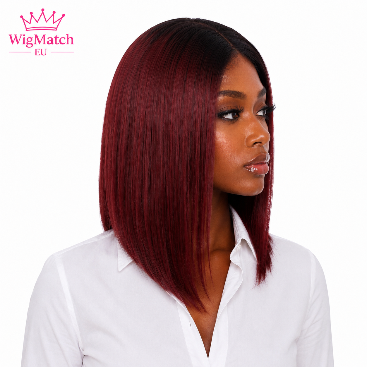 Model wearing a Burgundy Red Straight Human Hair Lace Front Bob Wig in 16 inch, featuring a sleek straight finish, realistic lace front, and showcasing the right side profile with a natural-looking bob hairstyle.