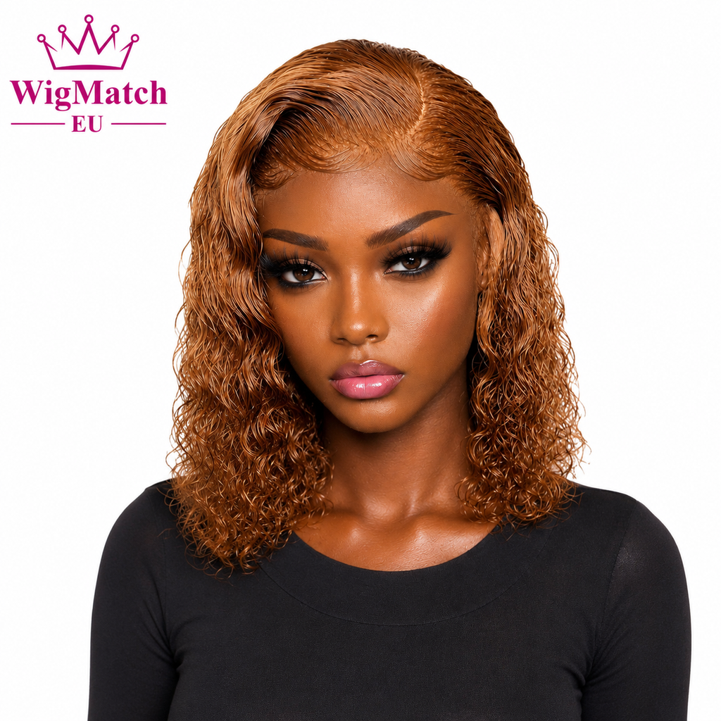 Model wearing a Curly Honey Blonde Bob Lace Front Human Hair Wig in a light honey blonde shade, 45-degree view. WigMatch EU online wig store with fast shipping across the European Union.