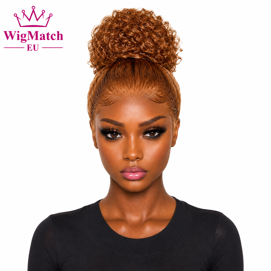 Model wearing a Curly Honey Blonde Bob Lace Front Human Hair Wig in a light honey blonde shade, front view. WigMatch EU online wig store with fast shipping across the European Union.