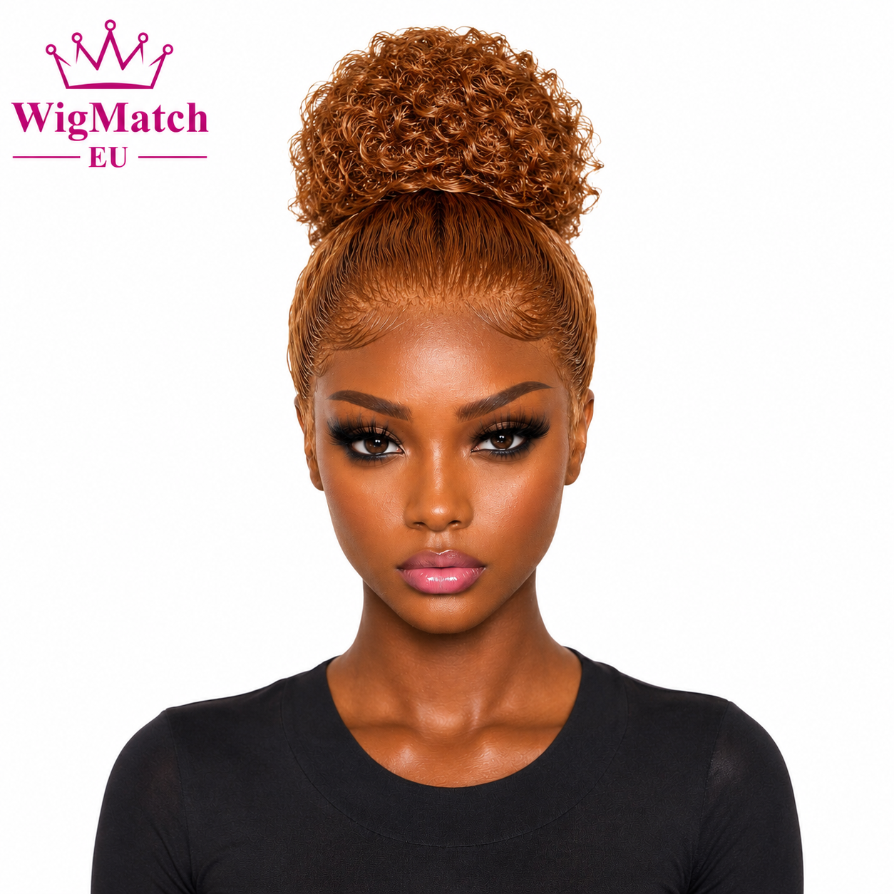 Model wearing a Curly Honey Blonde Bob Lace Front Human Hair Wig in a light honey blonde shade, front view. WigMatch EU online wig store with fast shipping across the European Union.