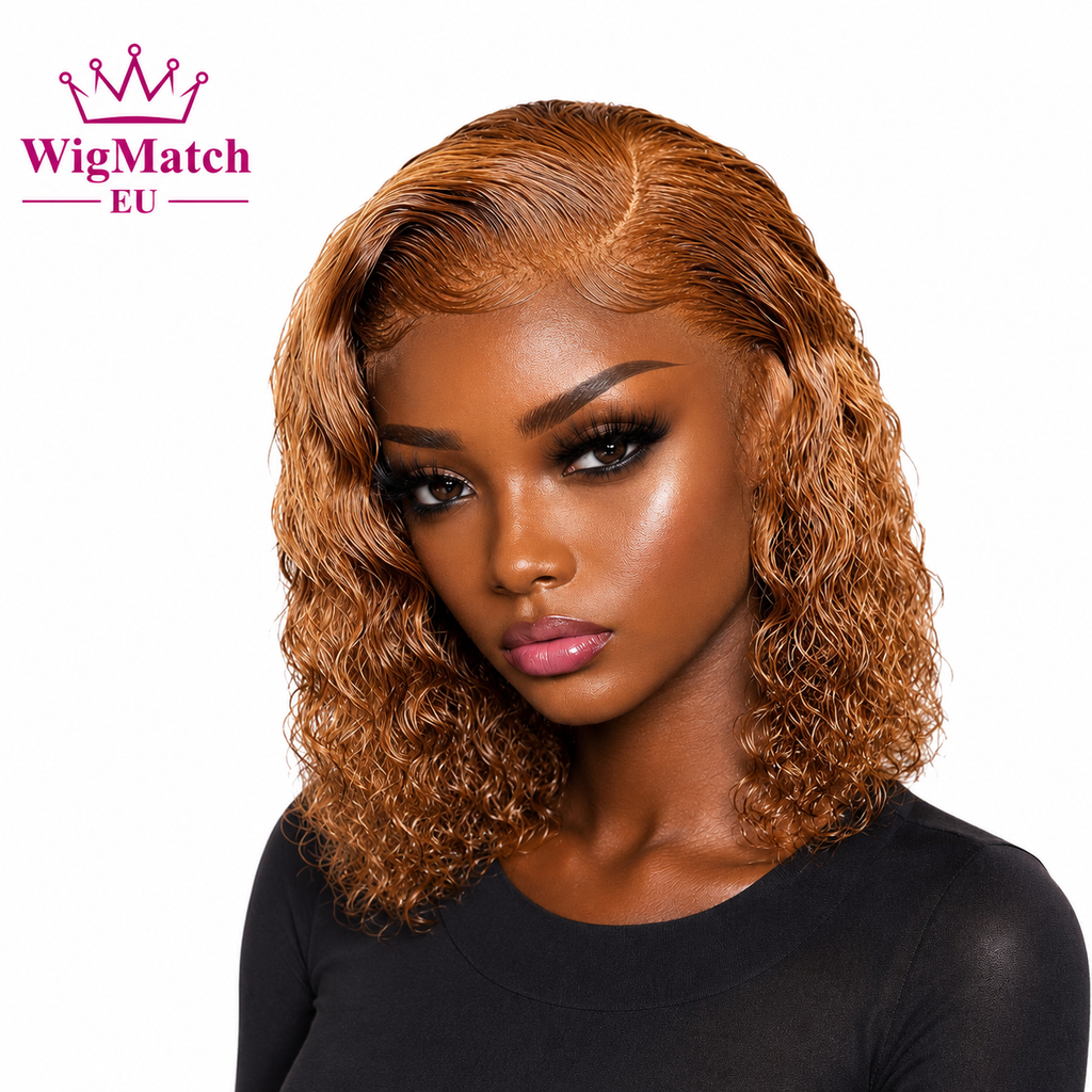 Model wearing a Curly Honey Blonde Bob Lace Front Human Hair Wig in a light honey blonde shade styled in a high bun to showcase the lace front hairline. WigMatch EU online wig store with fast shipping across the European Union.