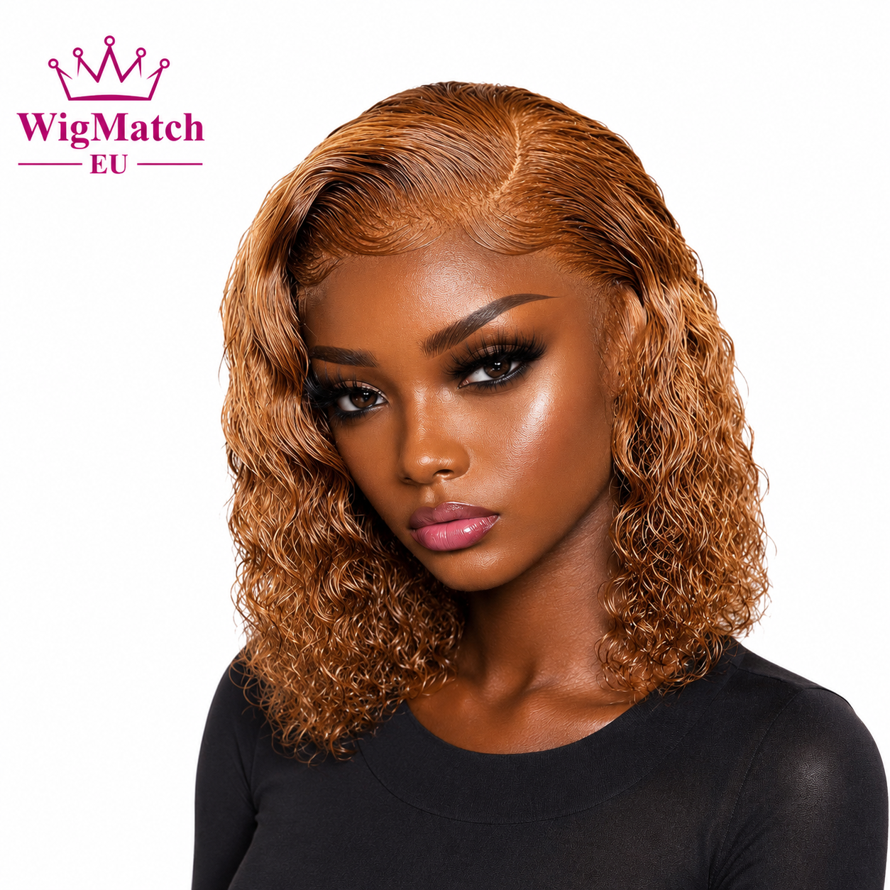 Model wearing a Curly Honey Blonde Bob Lace Front Human Hair Wig in a light honey blonde shade styled in a high bun to showcase the lace front hairline. WigMatch EU online wig store with fast shipping across the European Union.