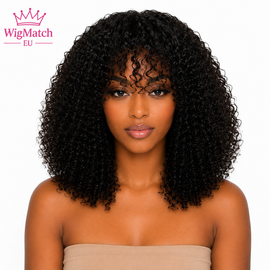 Model wearing a natural black curly bob human hair wig, front view, WigMatch EU, European Union.
