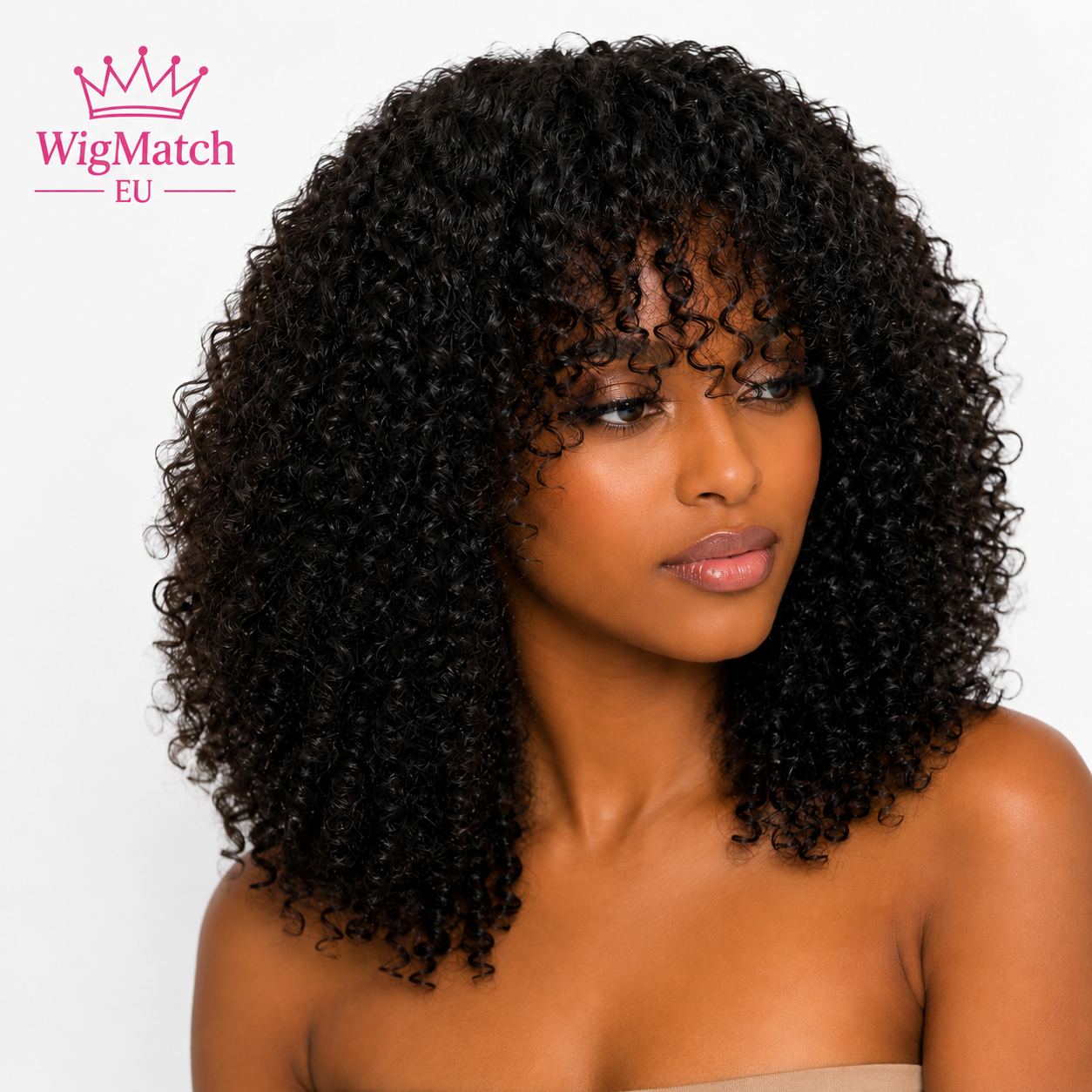 Model wearing a natural black curly bob human hair wig, left side view, WigMatch EU, European Union.