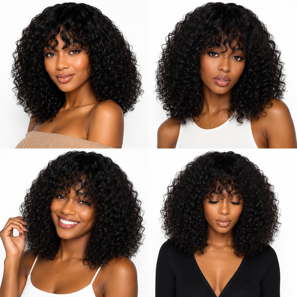 Model wearing a natural black curly bob human hair wig shown in multiple views, WigMatch EU, European Union.