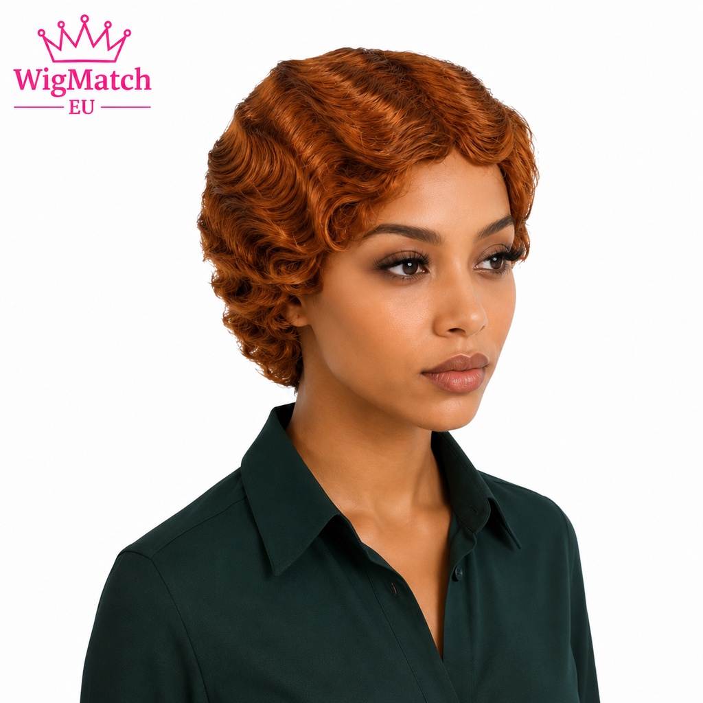 Model wearing the WigMatch EU Short Copper Brown Finger Wave Human Hair Pixie Bob Wig in a 45-degree side view, showcasing defined finger waves, elegant side profile, natural density, and a polished copper brown human hair texture.