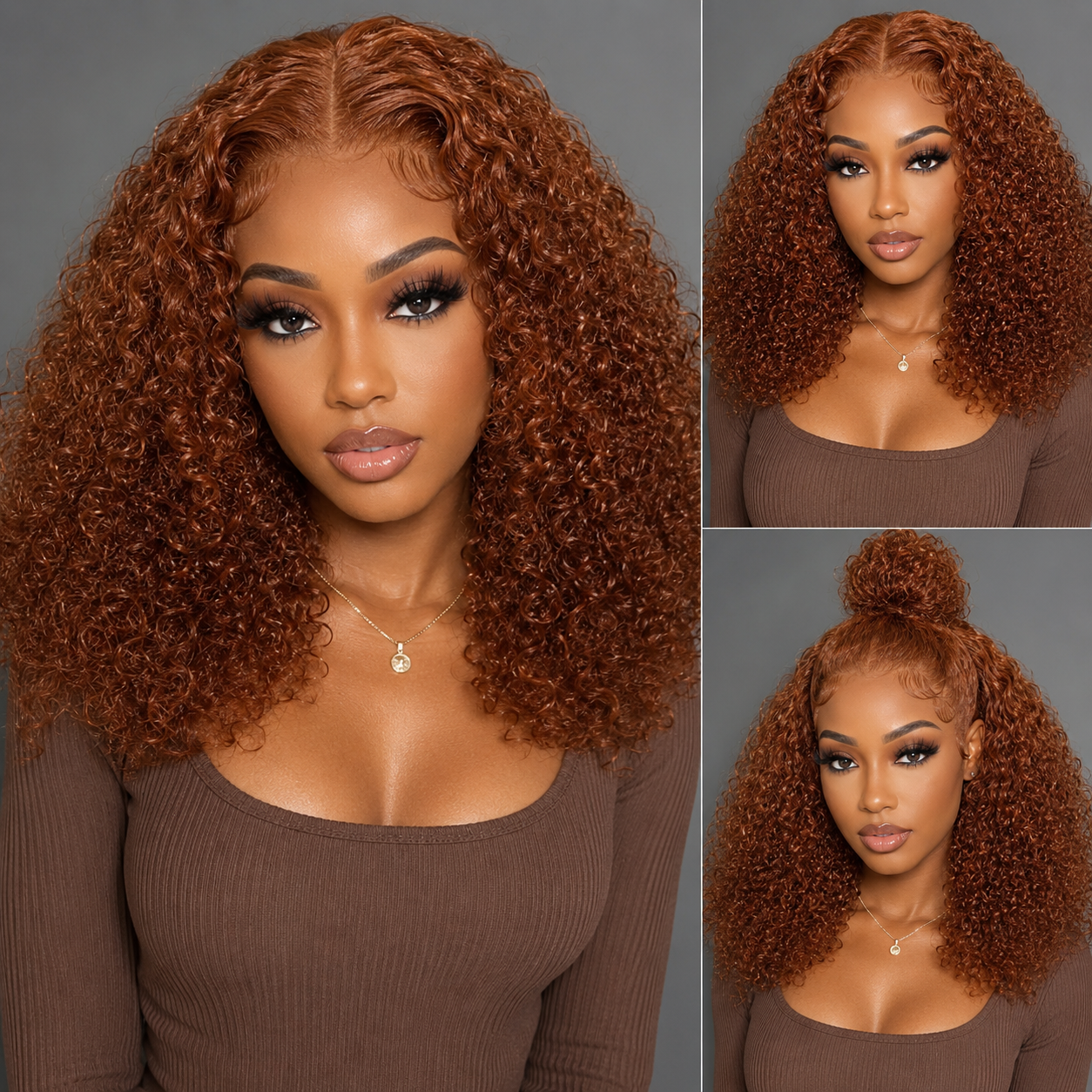 Collage of a woman wearing a Water Wave Bob Human Hair Wig in Copper by WigMatch EU, showing front view and high bun hairstyle to display the lace front hairline and natural curls. Online wig store with fast shipping across the European Union.