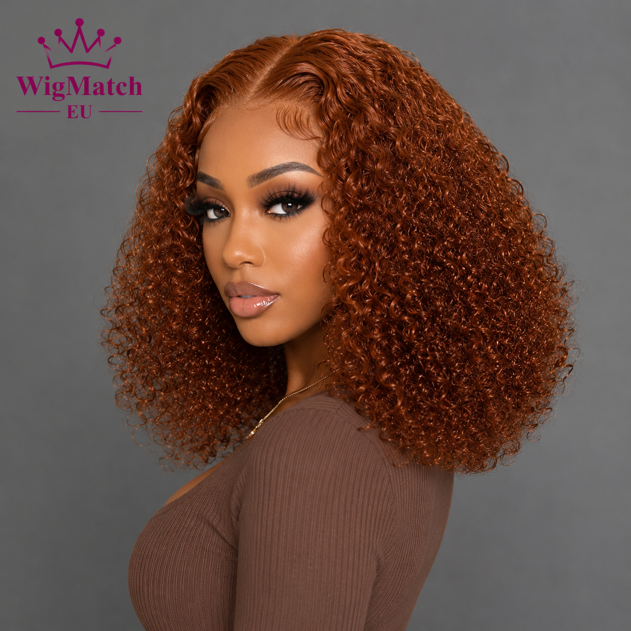 Woman wearing a Water Wave Bob Human Hair Wig in Copper, side angle view. WigMatch EU online wig store with fast shipping across the European Union.