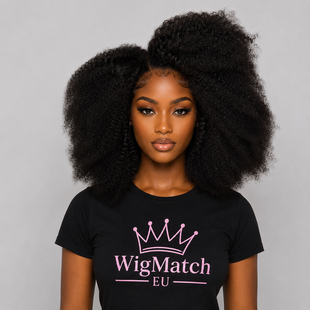 Front view of a woman wearing the Natural Afro Kinky Curly Human Hair Wig with a 13x4 lace front, showcasing the natural afro kinky texture, realistic hairline, and full volume.