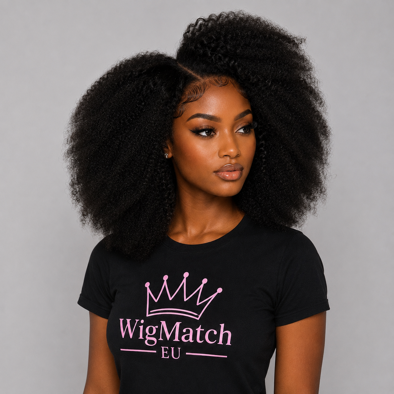 45-degree right view of a woman wearing the Natural Afro Kinky Curly Human Hair Wig with a 13x4 lace front, highlighting the natural volume, soft curls, and realistic lace hairline.