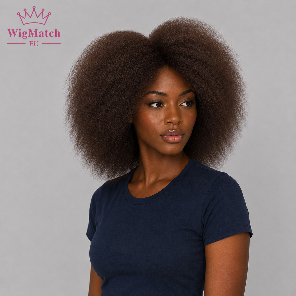Model wearing a natural afro kinky curly wig in dark brown (#4), right 45-degree view, dark chocolate skin, WigMatch EU.