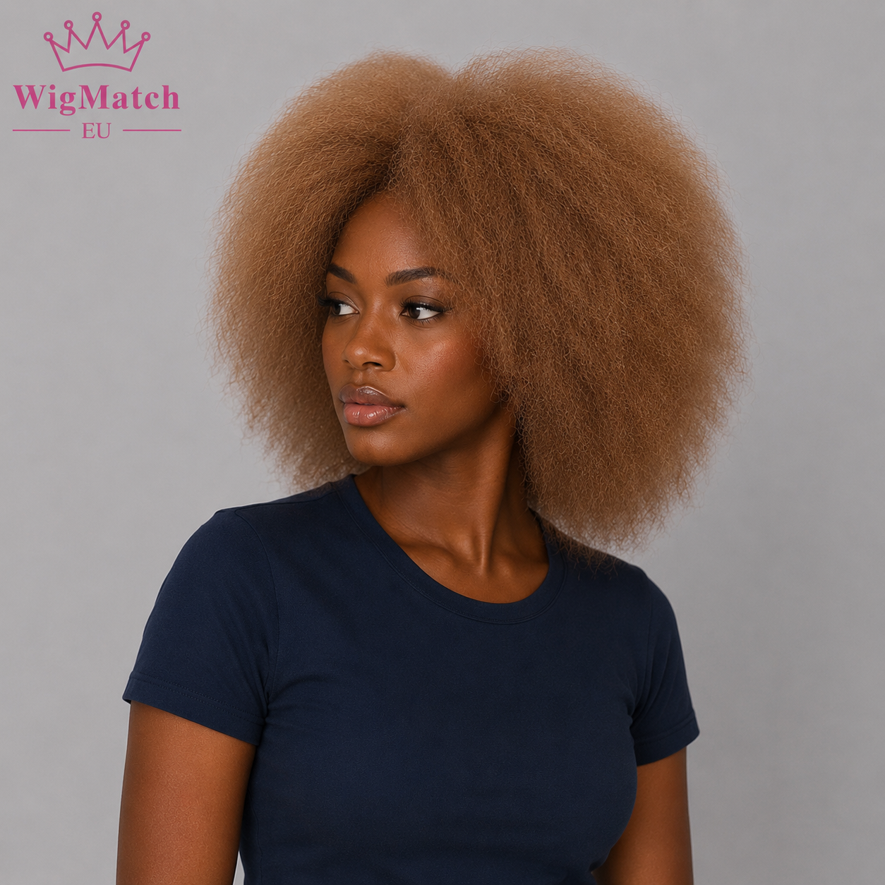 Model wearing a natural afro kinky curly wig in light brown (#27), looking far left, dark chocolate skin, WigMatch EU.