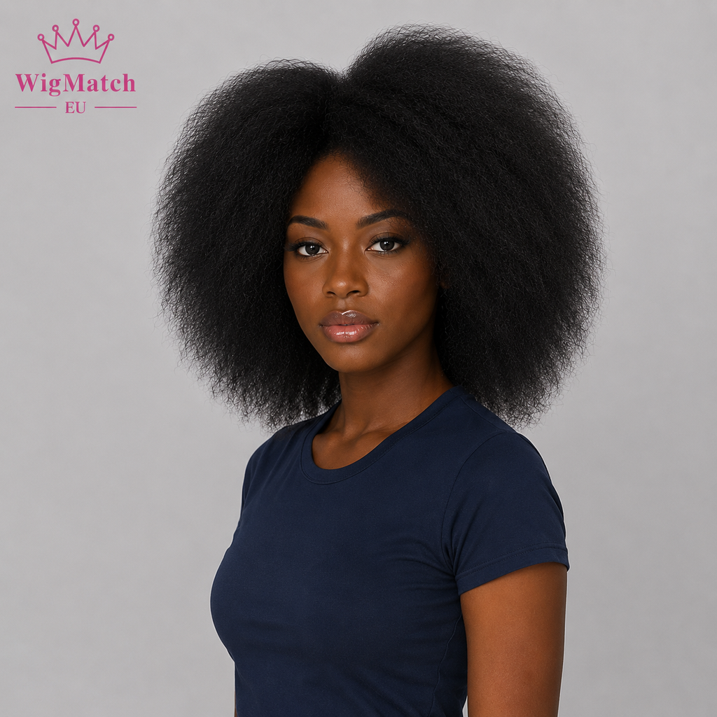 Model wearing a natural afro kinky curly wig in natural black, right 45-degree view, dark chocolate skin, WigMatch EU.