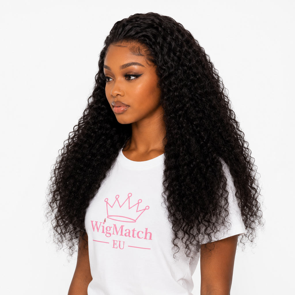 Featuring a woman wearing a Natural Black Curly Lace Front Human Hair Wig shown from the left angle with a realistic natural hairline, WigMatch EU.