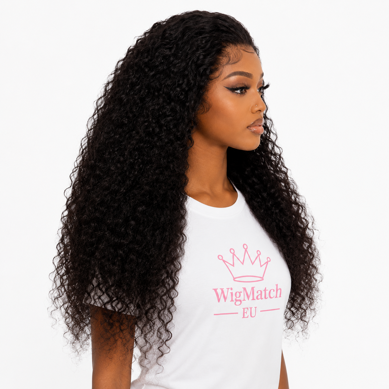 Showcasing a woman wearing a Natural Black Curly Lace Front Human Hair Wig from the side, highlighting defined curls and natural density, WigMatch EU.