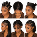 Black female model showcasing multiple hairstyle options for the Natural Black Long Straight Lace Front Human Hair Wig by WigMatch EU, including Bantu knots, center part, double buns, braided cornrows, braided updo, and braided bob on a white background