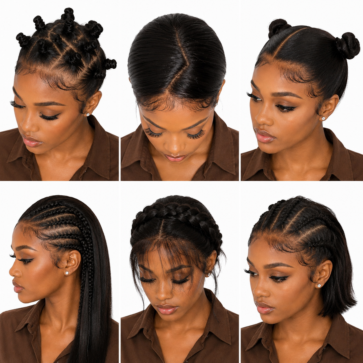 Black female model showcasing multiple hairstyle options for the Natural Black Long Straight Lace Front Human Hair Wig by WigMatch EU, including Bantu knots, center part, double buns, braided cornrows, braided updo, and braided bob on a white background
