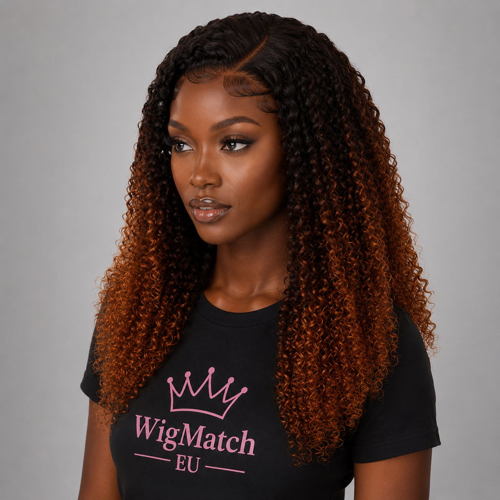 Three-quarter view of a dark chocolate model showcasing an ombre kinky curly human hair wig with soft tight curls, natural density, and a realistic scalp appearance.