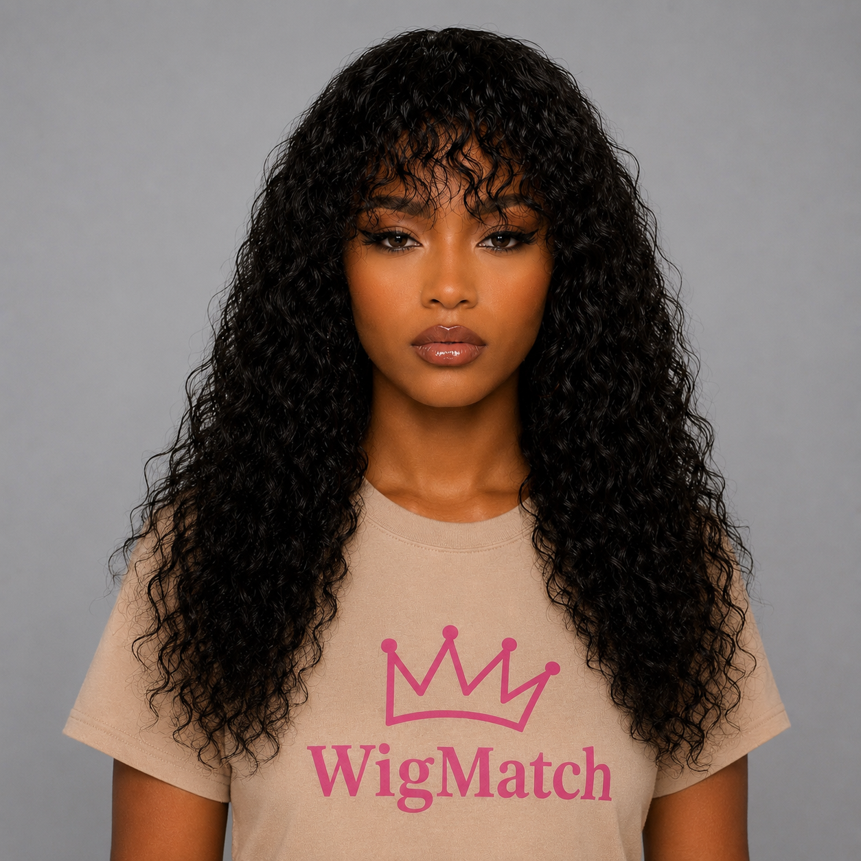 Premium Brazilian Curly Human Hair Wig in Natural Black, front view featuring soft natural curls, realistic hairline, and salon-quality human hair by WigMatch EU.