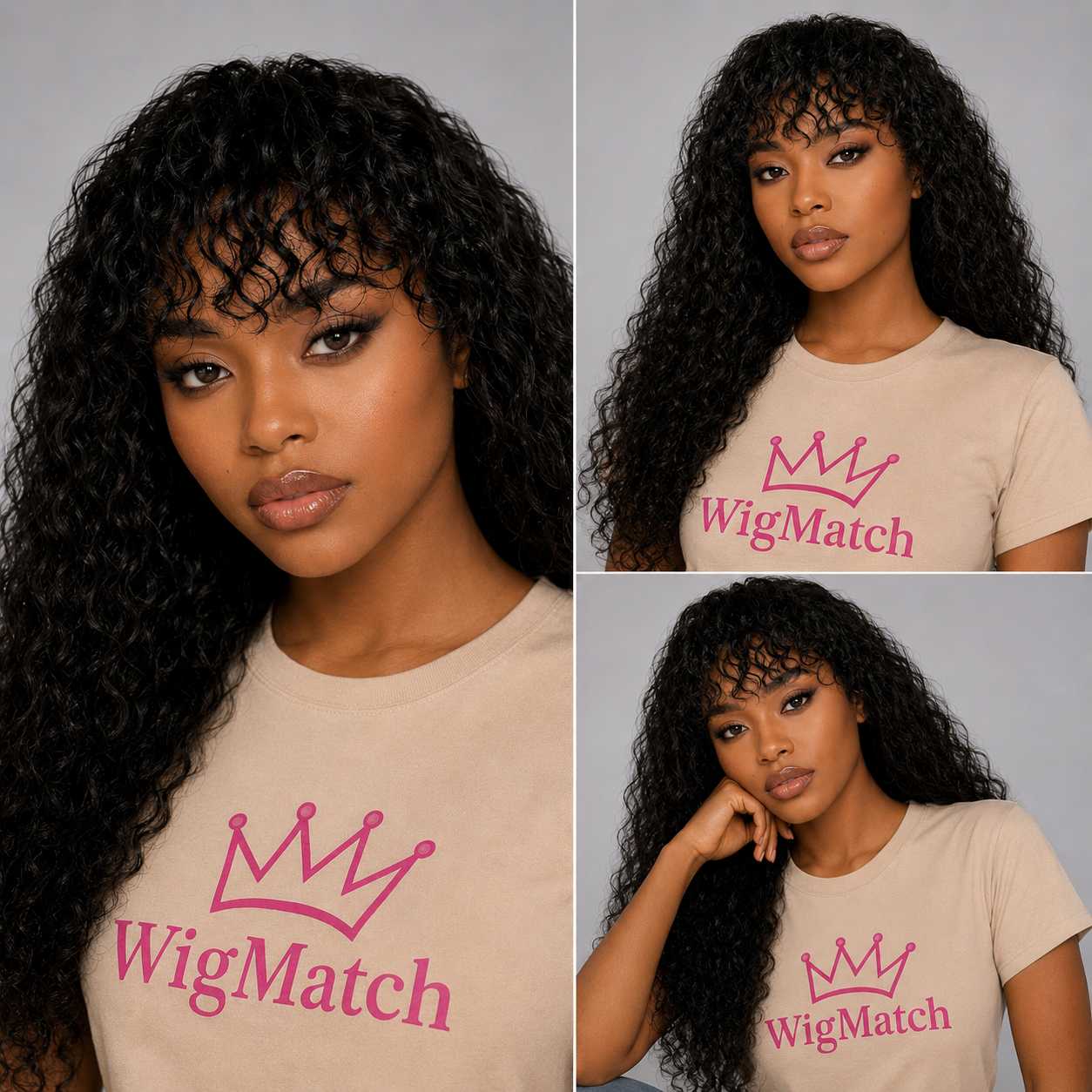 Premium Brazilian Curly Human Hair Wig in Natural Black shown in multiple lifestyle angles, featuring defined curls, natural volume, realistic look, and premium human hair by WigMatch EU.