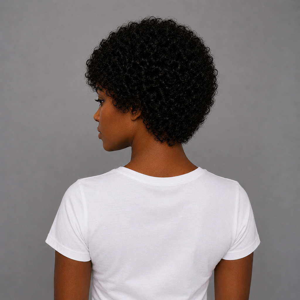 Back view of Premium Natural Black Afro Curly Human Hair Wig showcasing the natural afro curl pattern, realistic density, and full rounded shape.