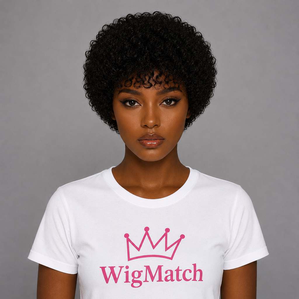 Front view of Premium Natural Black Afro Curly Human Hair Wig in Natural Black with defined afro curls, realistic hairline, and full volume.