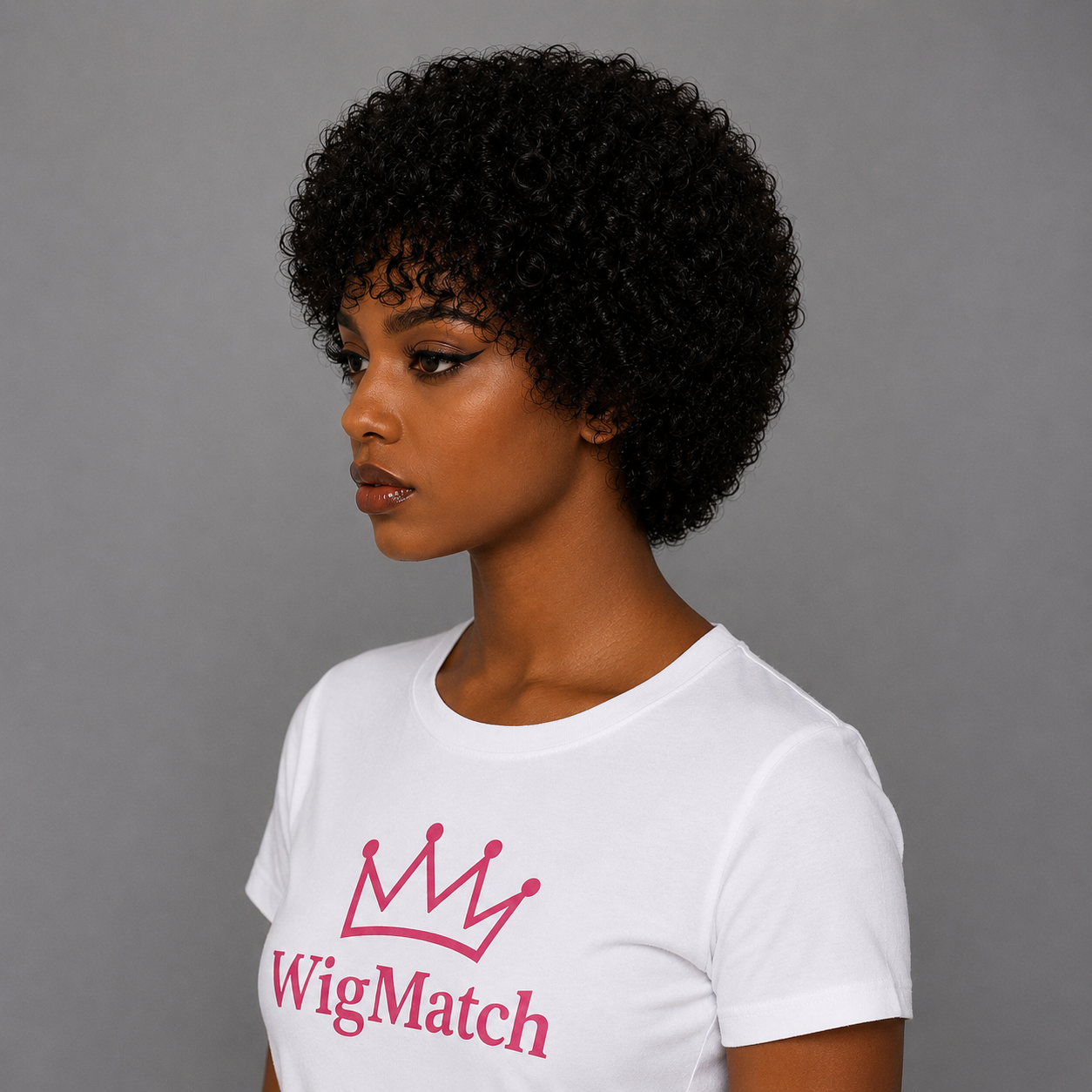 Left side view of Premium Natural Black Afro Curly Human Hair Wig featuring soft natural curls, lightweight volume, and a realistic human hair finish.