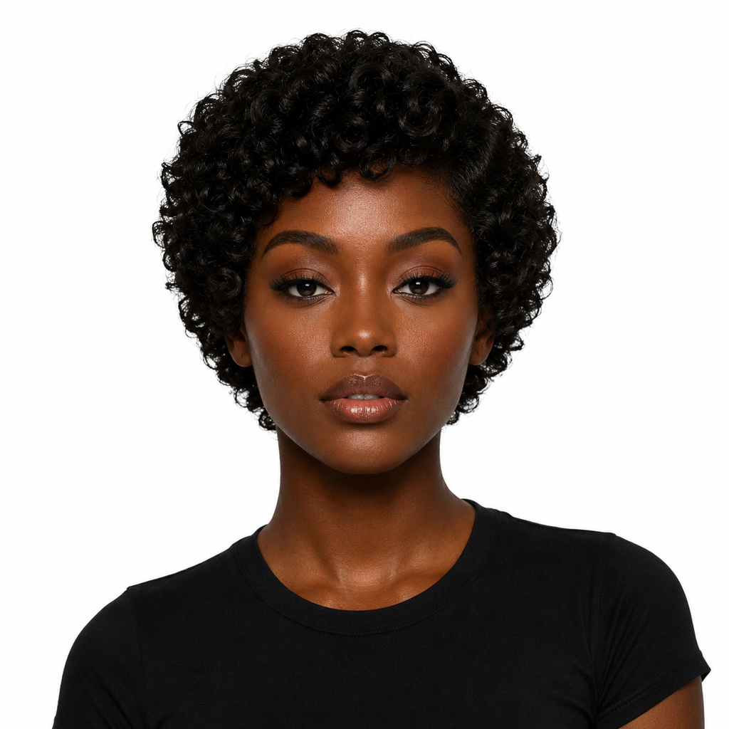 Black short afro curly human hair wig on a dark chocolate female model, left side profile view showcasing tight natural curls, soft hairline, lightweight everyday style, WigMatch EU.