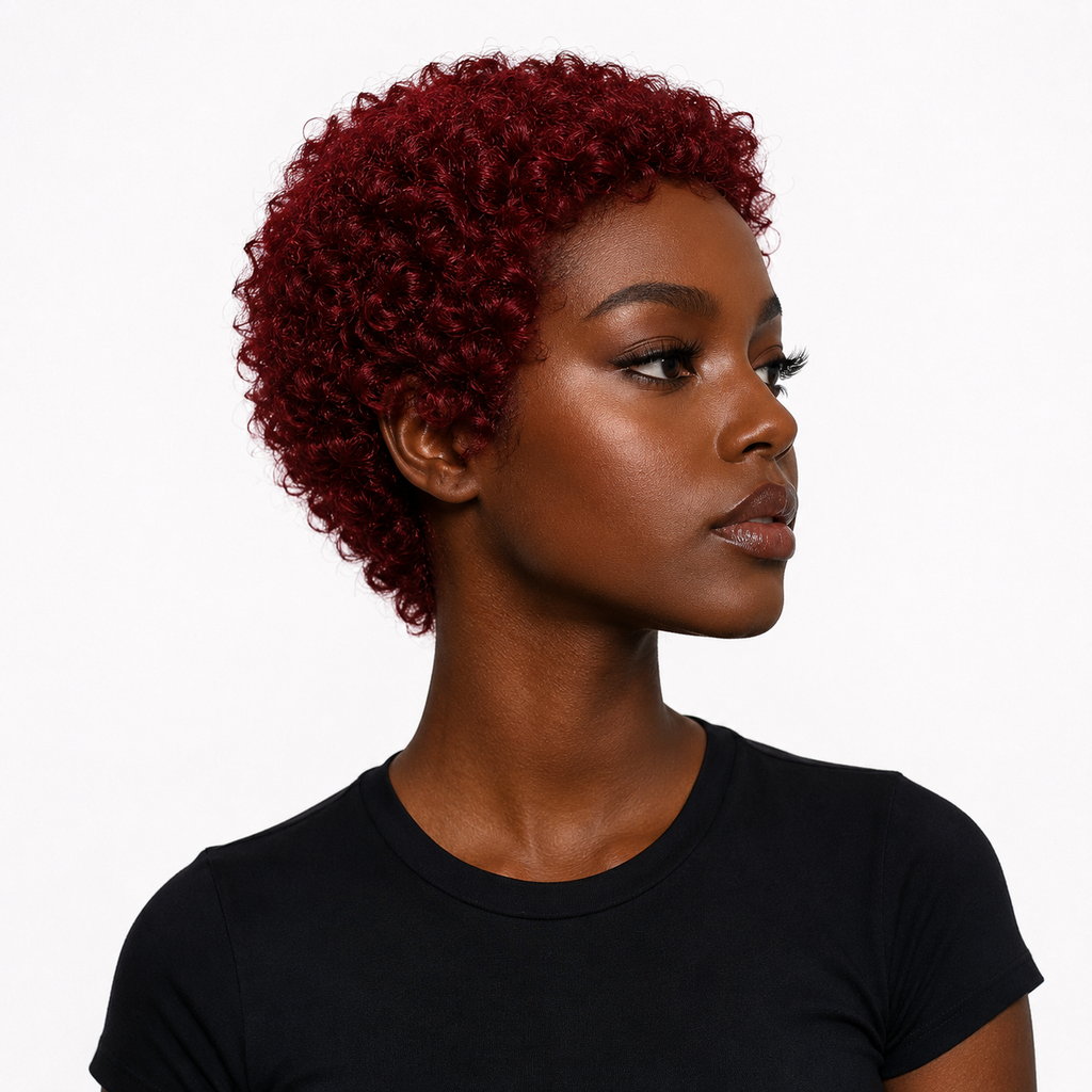Burgundy red short afro curly human hair wig on a dark chocolate female model, right side profile view showcasing vibrant color, tight curls, natural hairline, fashionable everyday wig, WigMatch EU.