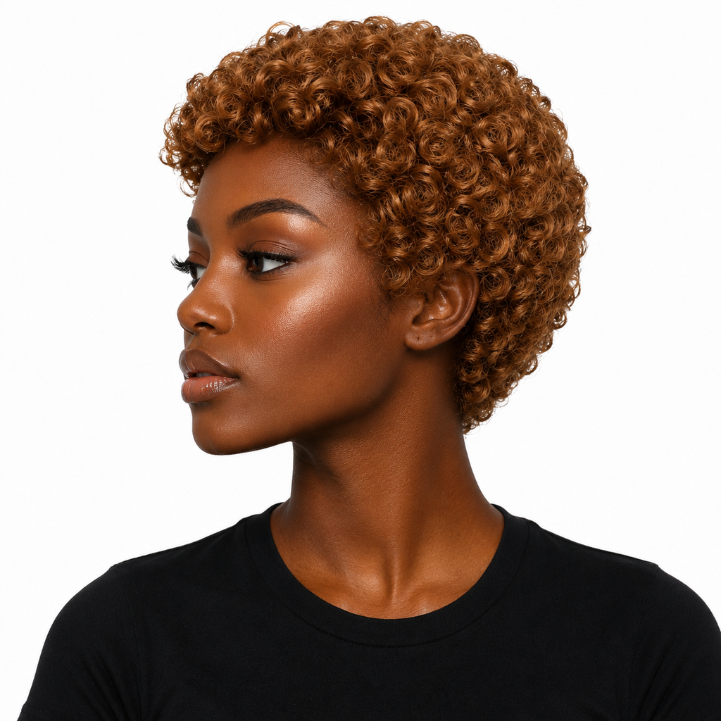 Golden blonde short afro curly human hair wig on a dark chocolate female model, left side profile view showcasing defined tight curls, natural hairline, lightweight everyday hairstyle, perfect for a modern and stylish look, WigMatch EU.