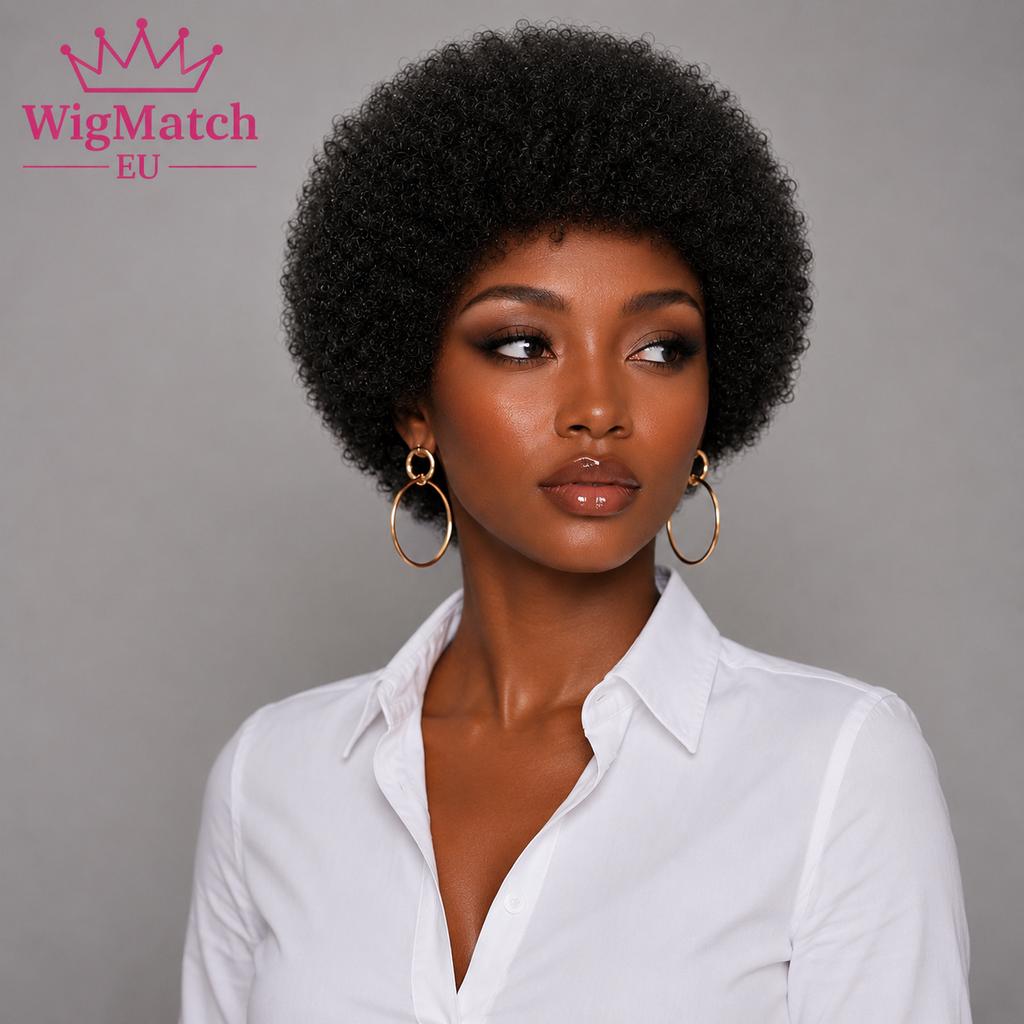 Woman wearing Short Afro Kinky Curly Human Hair Wig in Natural Black, looking 45 degrees to the left, showcasing the soft kinky curly texture with a natural rounded afro shape, wearing a white shirt against a light gray background | WigMatch EU