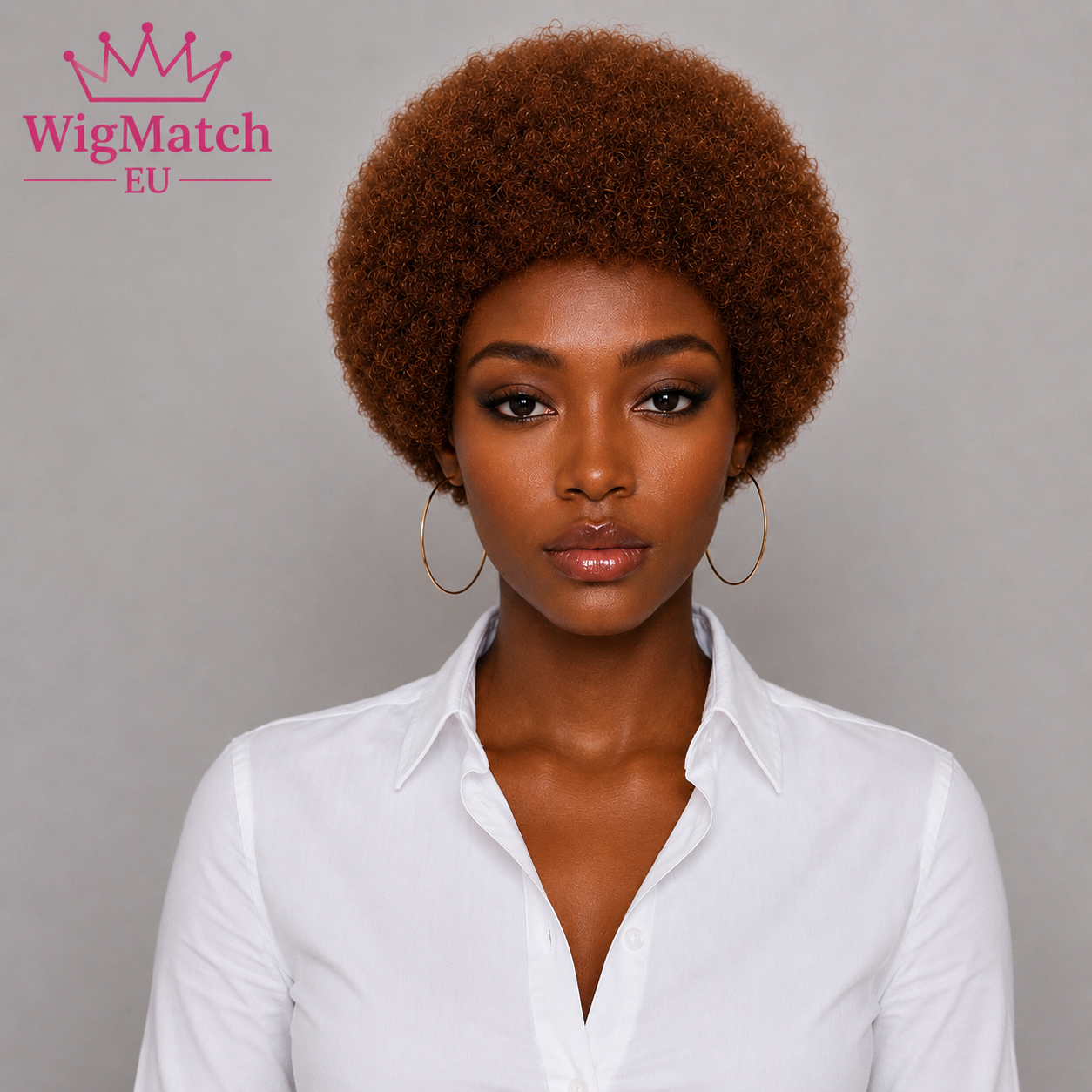 Woman wearing Short Afro Kinky Curly Human Hair Wig in Natural Brown, front view, showcasing the soft kinky curly texture with a natural rounded afro shape, wearing a white shirt against a light gray background | WigMatch EU