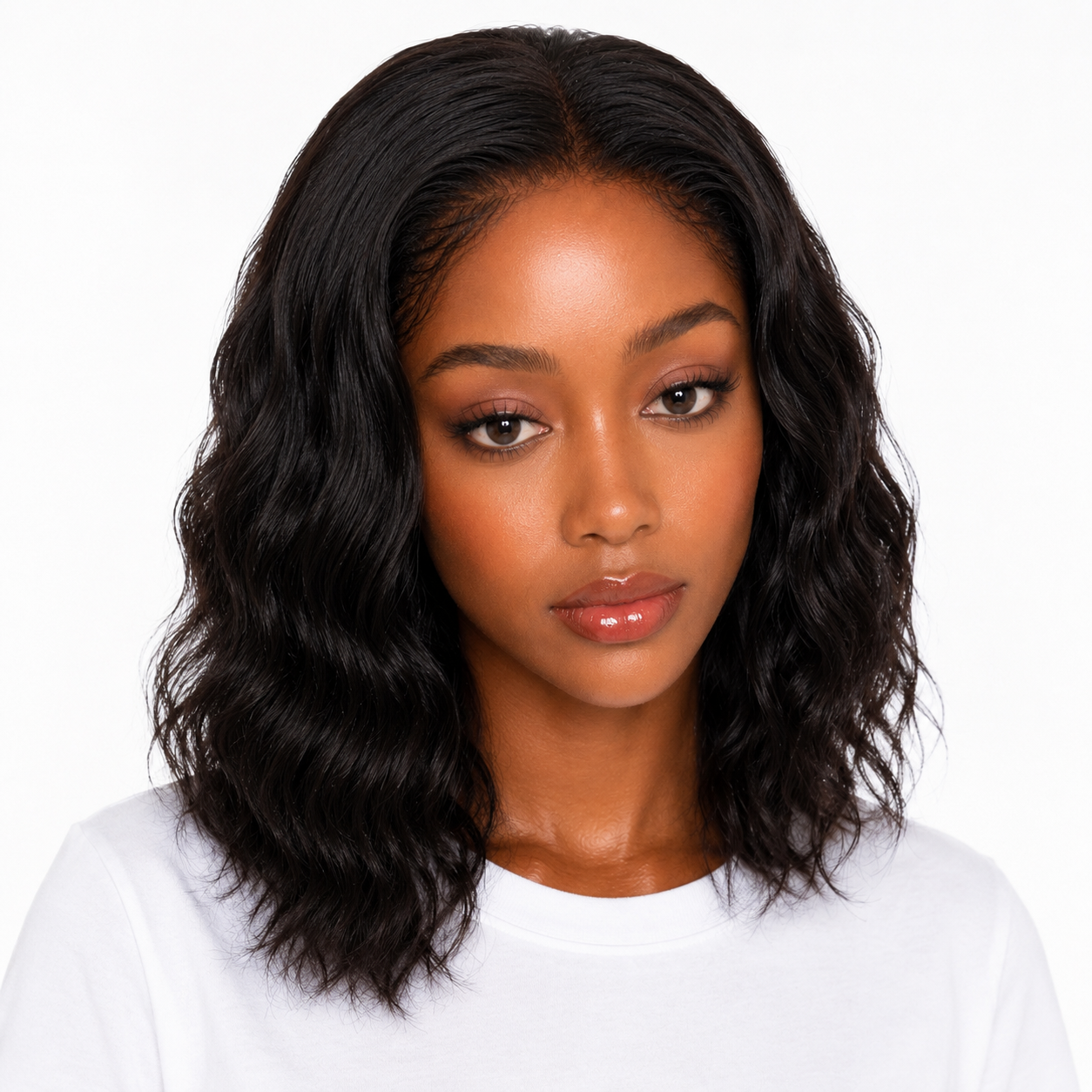 Front view of Short Body Wave Lace Front Human Hair Bob Wig in Natural Black with a realistic hairline and soft body wave texture – WigMatch EU