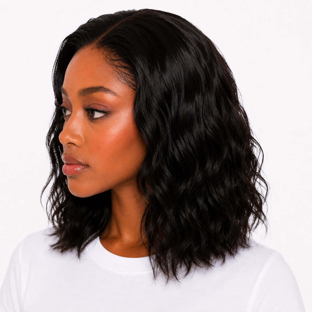 Short Body Wave Lace Front Human Hair Bob Wig in Natural Black, left side view showcasing the natural body wave texture and realistic hairline – WigMatch EU