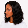Short Body Wave Lace Front Human Hair Bob Wig in Natural Black, left side view showcasing the natural body wave texture and realistic hairline – WigMatch EU