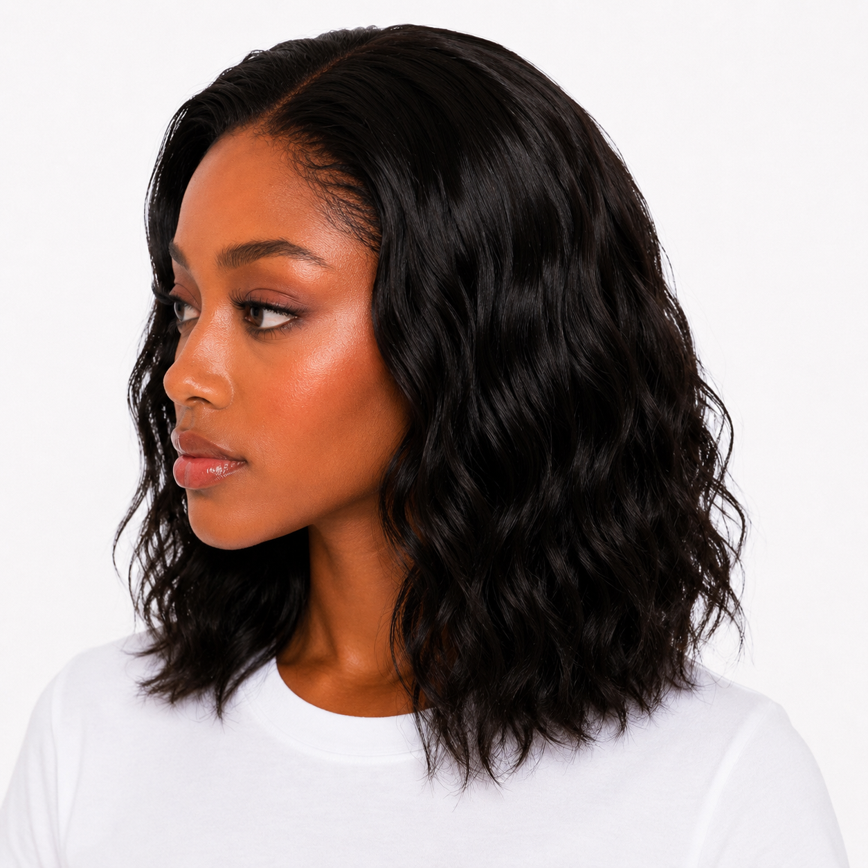 Short Body Wave Lace Front Human Hair Bob Wig in Natural Black, left side view showcasing the natural body wave texture and realistic hairline – WigMatch EU