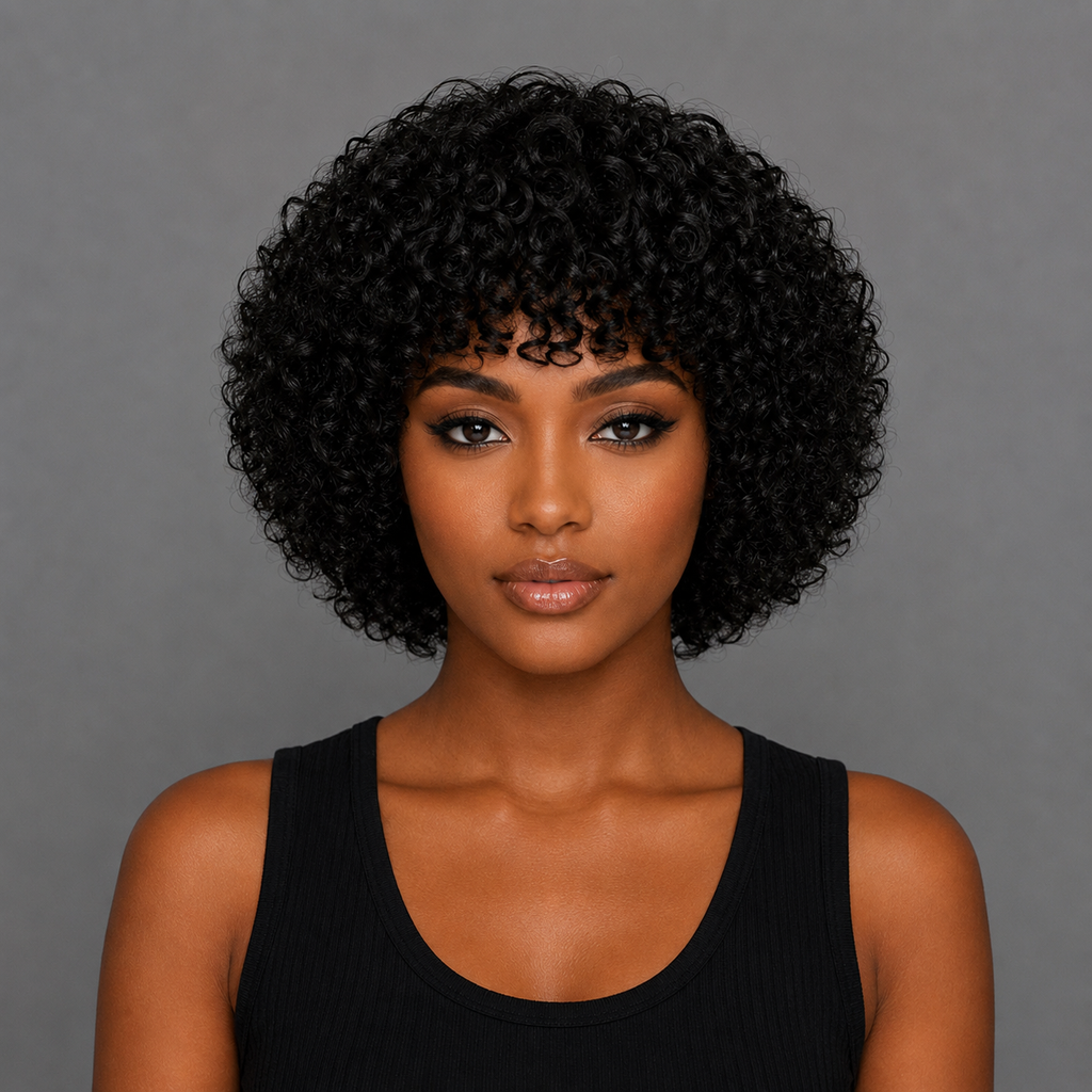 Model wears a short curly human hair wig front view. Shop at WigMatch EU online store with free and fast shipping across the European Union.